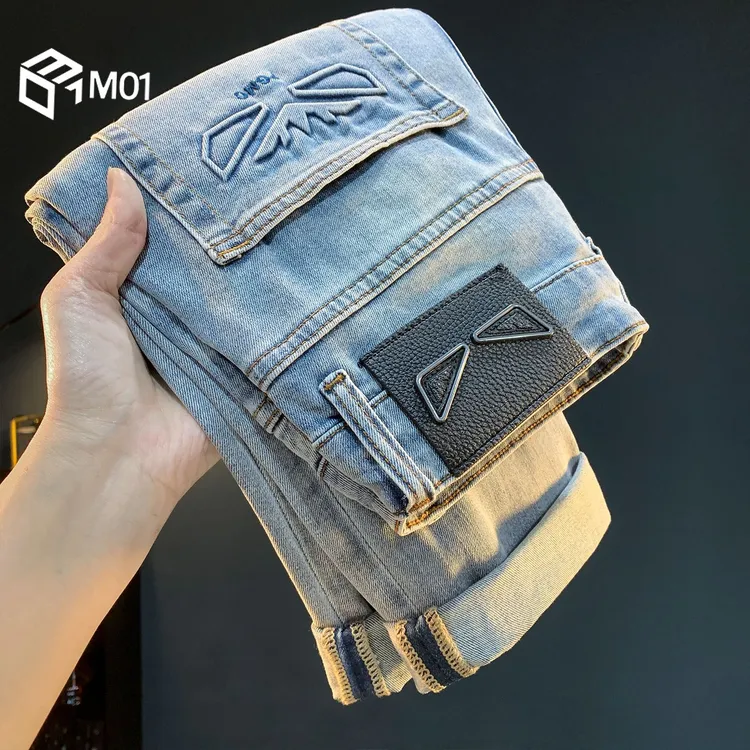 M01重工艺水洗做旧夏季薄款潮流修身小脚裤锥形微跨百搭牛仔长裤