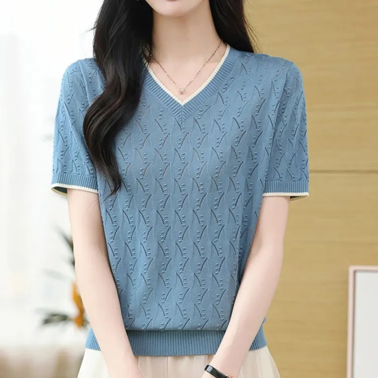 【百搭显瘦】春夏新款休闲时尚气质优雅洋气女士宽松短袖拼色针织衫