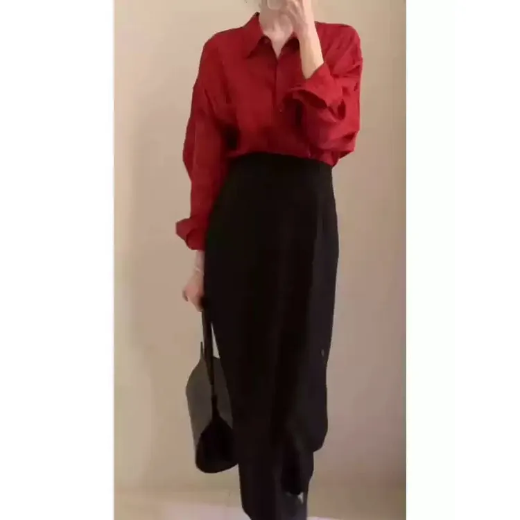 2025超火高级感大方得体气质小香风职业红色衬衫半身裙套装春季女