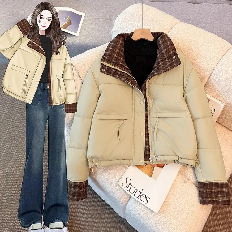 拼色PU皮羽绒棉服外套女款爆款2025新款秋冬超好看小个子洋气外套