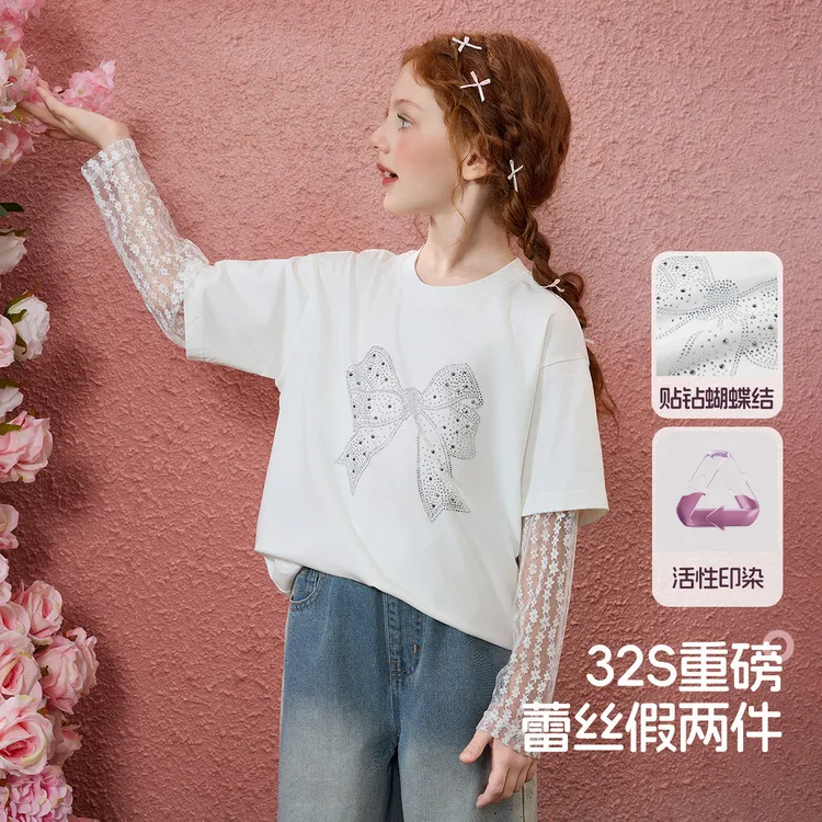「欧若风」【蕾丝袖假两件】女童T恤蕾丝拼接闪钻蝴蝶JF1STR13672F sp