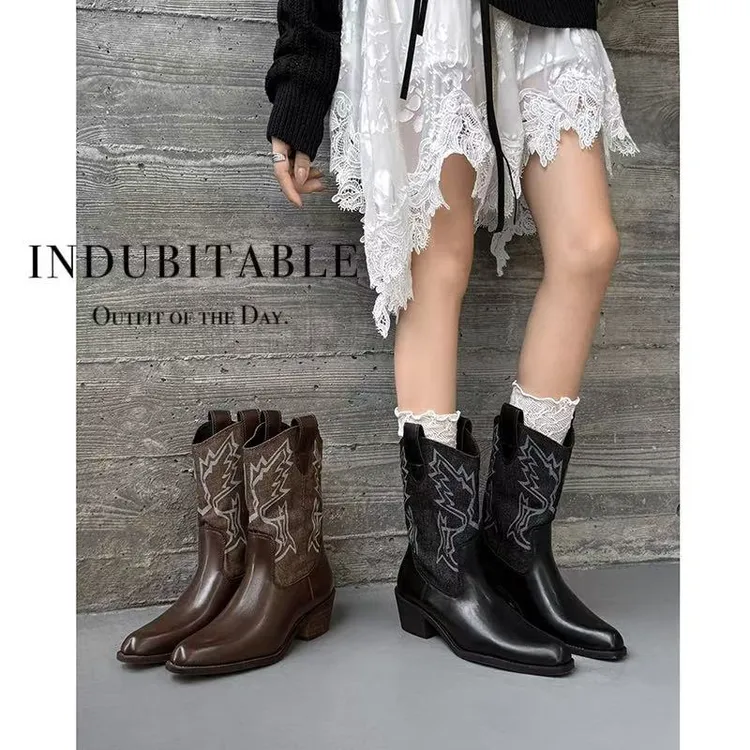 时尚瘦瘦靴2025秋冬新款真皮短筒女靴子中跟女短靴百搭粗跟中筒靴