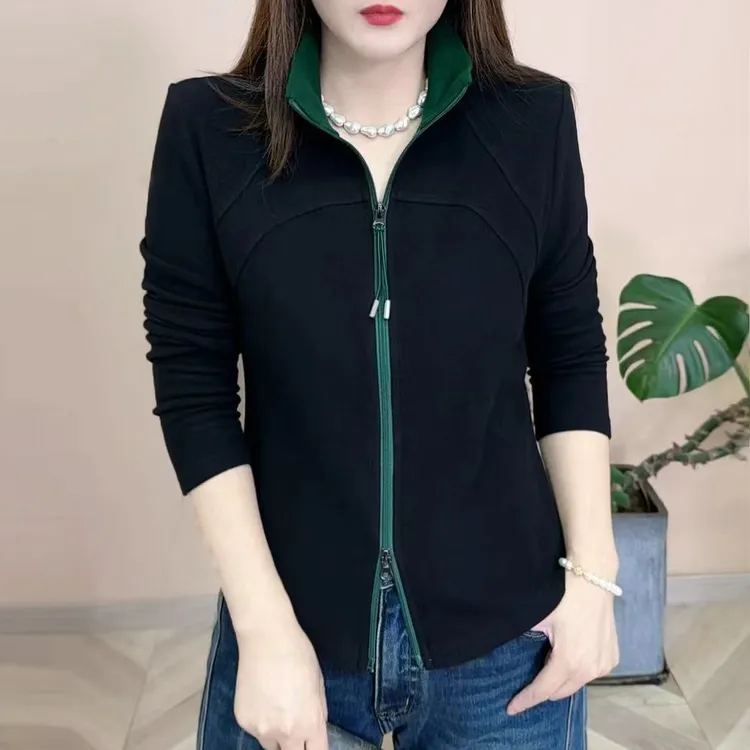 2025秋季新品时尚百搭修身显瘦洋气双拉链设计感女士长袖上衣8192