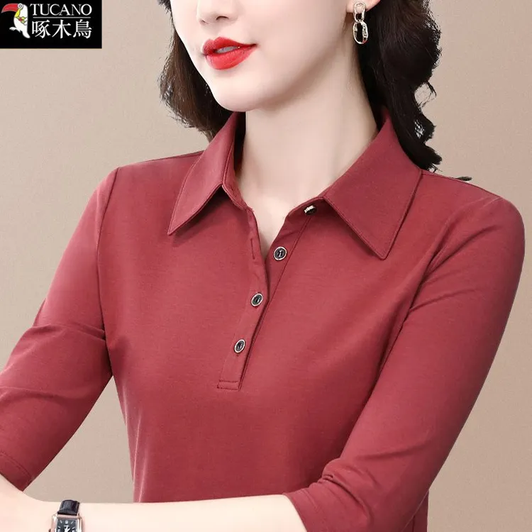 啄木鸟纽扣翻领长袖打底内搭T恤春秋新款纯色韩版大码显瘦上衣女
