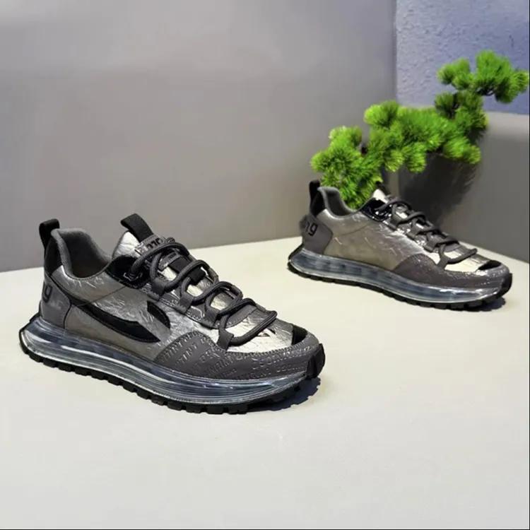 秋季新款潮男鞋皮面印花气垫舒适厚底老爹鞋时尚潮流百搭休闲鞋子