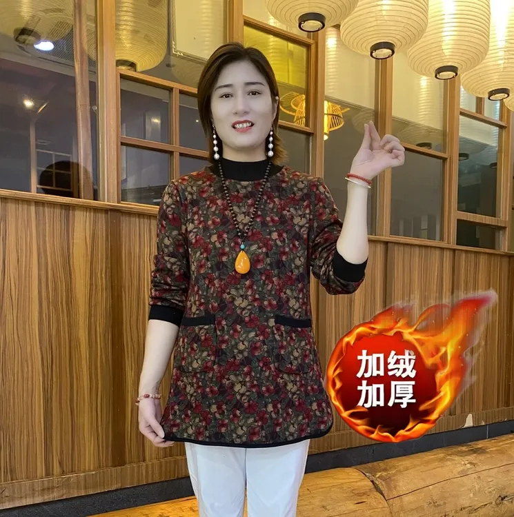 秋冬加绒加厚罗纹领气质减龄时尚百搭妈妈装洋气大版绒衫