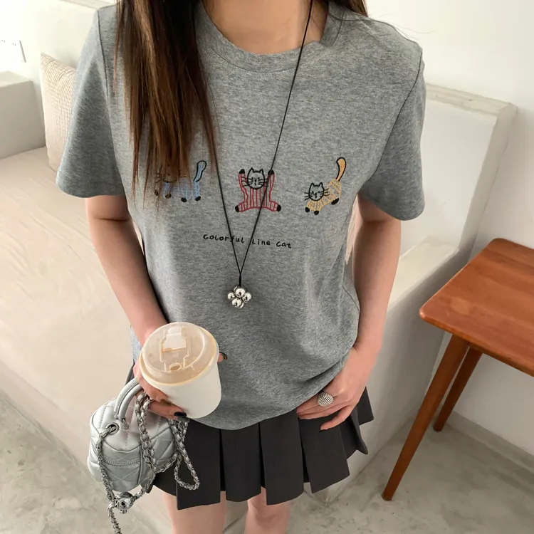 IDsisters5779三只小猫T恤女2025早春款圆领短袖刺绣韩系百搭上衣