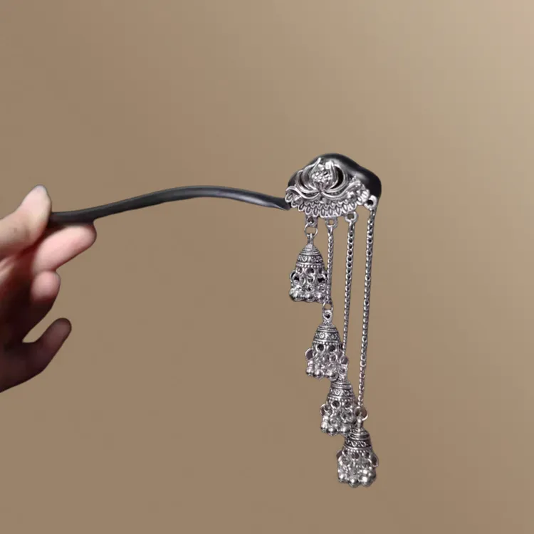 银钗u型山鬼流苏发饰爆款绒花桃木神女！新中式发钗！发簪挽发