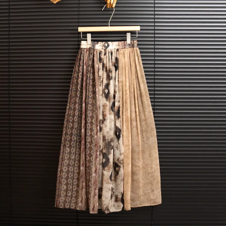 复古大摆高腰夏季印花百搭松紧带成人碎花半身裙金丝皱显瘦套装