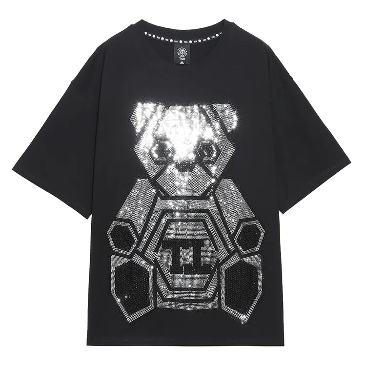 TCH服饰店播-潮牌机器熊烫银钻黑色短袖T恤男女同款T21110C6138