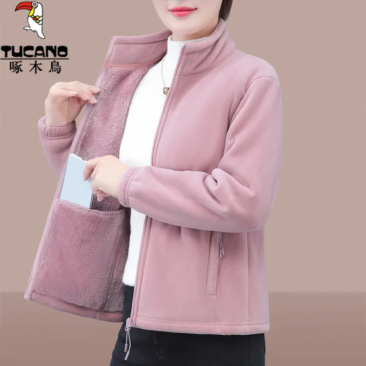 啄木鸟抓绒衣外套女秋冬2025新款加绒加厚保暖休闲立领奥粒绒上衣