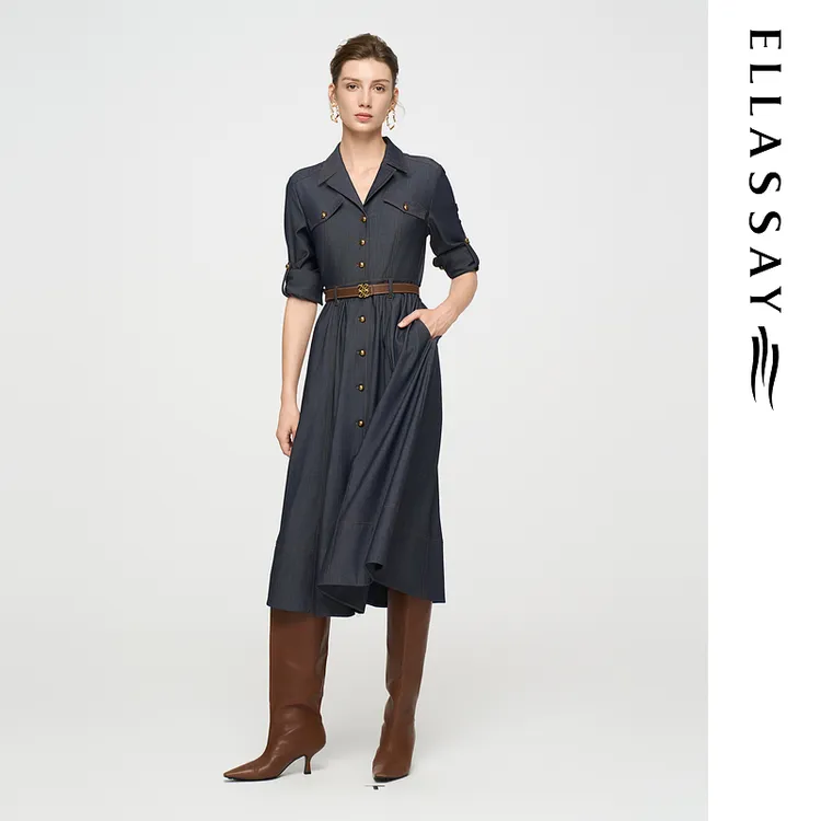 ELLASSAY歌力思2025早秋新款复古丹宁衬衫连衣裙女EWD363N00200