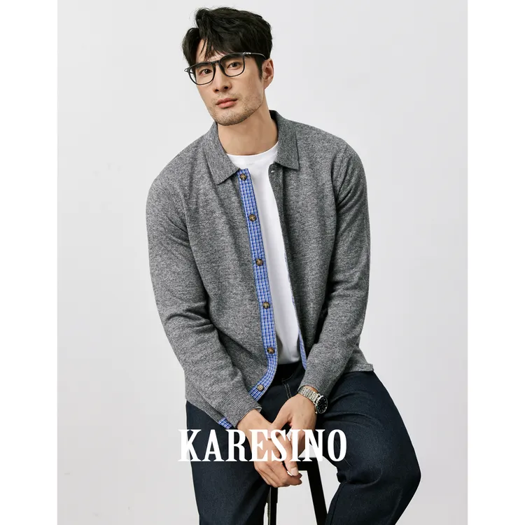 KARESINO男士拼接针织毛衣男休闲时尚商务秋冬翻领羊毛开衫男外套