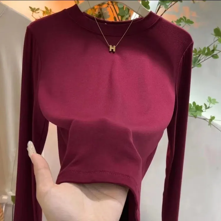 复古酒红t恤女百搭打底衫修身显瘦上衣女早春秋2025新款正肩长袖