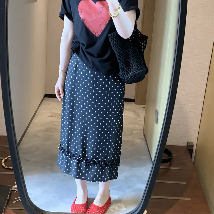  半身裙高腰拼接洋气圆点减龄中腰适中拉链气质半身波点裙夏季