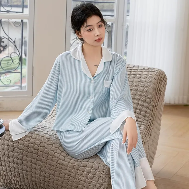 睡衣女款新款夏季大码宽松衬衫长袖长裤套装春秋家居服可外穿