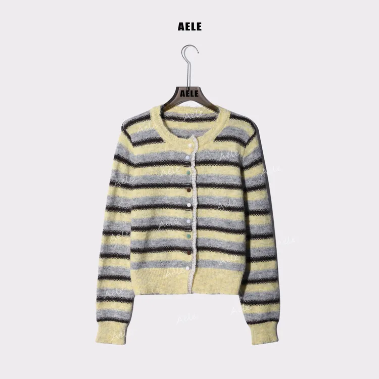 AELE秋冬慵懒风圆领针织条纹针织开衫毛衣 X853 2967 AD