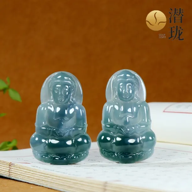 【潜珑】qq-6846天然翡翠A货蓝水冰透观音卡55mm多样性拍一发一