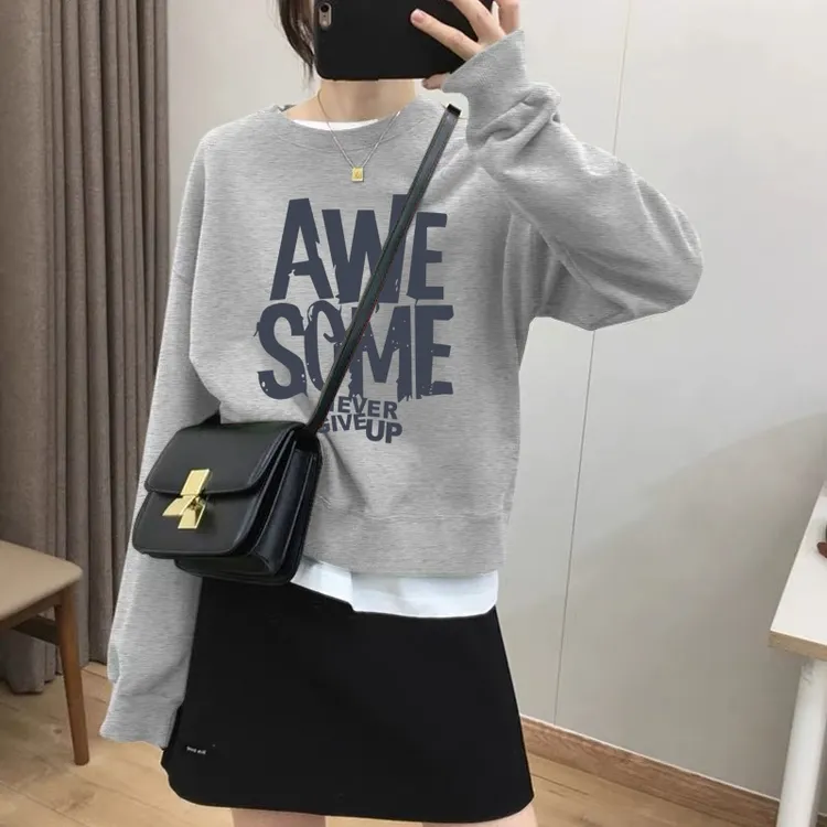假两件圆领套头短款卫衣女加绒加厚秋冬上衣宽松小个子春秋薄款
