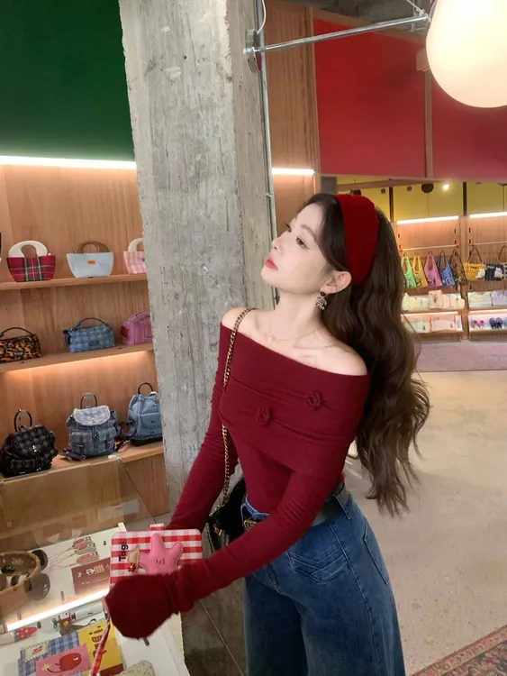 EIA一尧【玫瑰可露丽】复古明媚立体花一字肩毛织上衣气质纯欲露肩