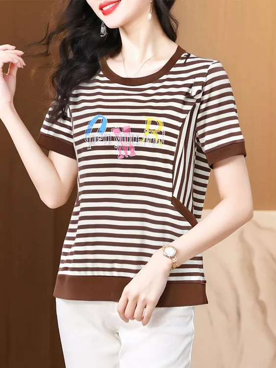 短袖条纹大码显瘦条纹T恤洋气t恤显瘦打底衫夏季百搭半袖上衣宽松