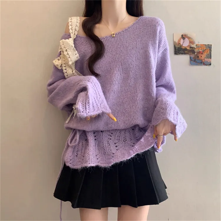 大码蕾丝蝴蝶结系带镂空露肩毛衣女秋季胖MM显瘦宽松收腰针织上衣