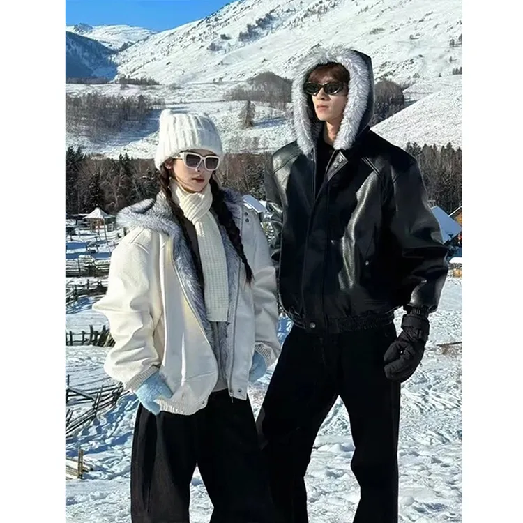 座山雕黑白色pu皮连帽棉服男款冬季高级感痞帅加棉厚保暖棉衣外套