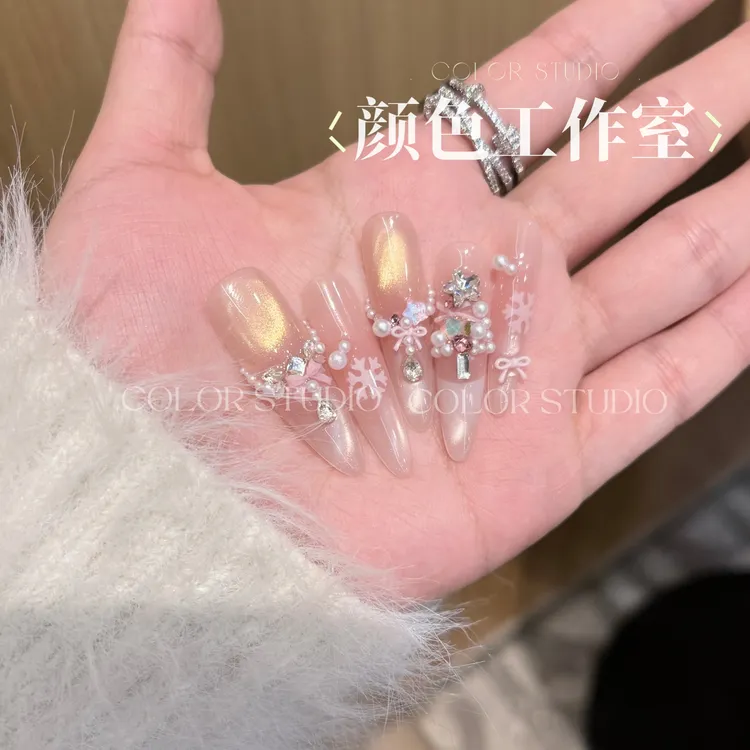 【许愿】圣诞甜美风新款鎏金粉猫眼高级感长款纯手工穿戴甲美甲片