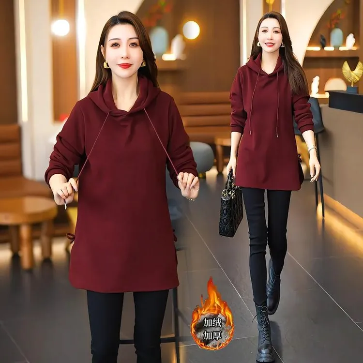 时尚潮流连帽卫衣女2025秋冬新款宽松显瘦中长款气质百搭休闲外套