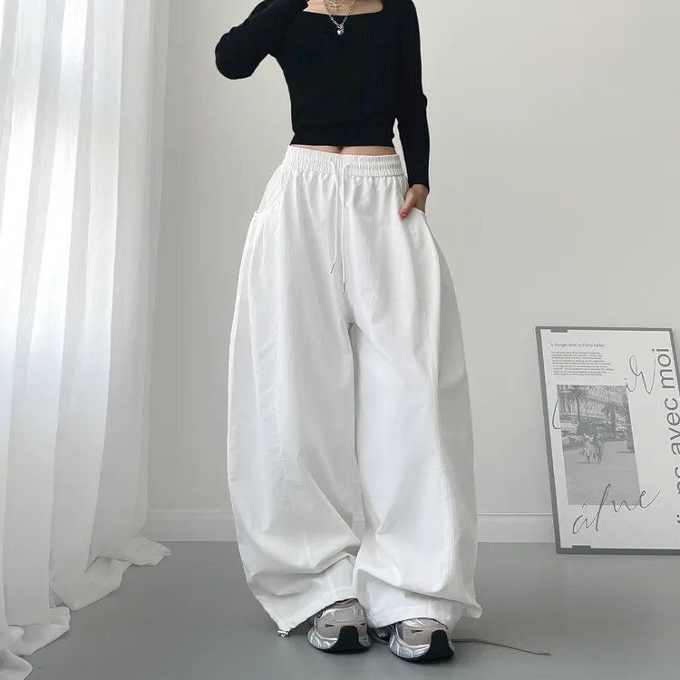 白色大裤腿酷飒阔腿裤女秋季大码胖mm显瘦200斤慵懒风休闲运动裤