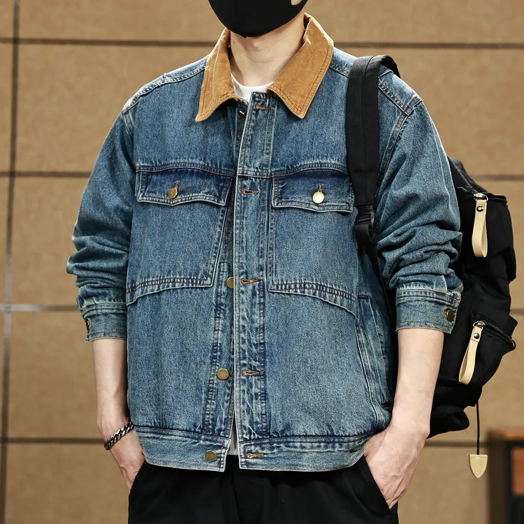 美式经典复古拼色牛仔外套男春秋潮牌宽松潮流帅气工装夹克男秋季