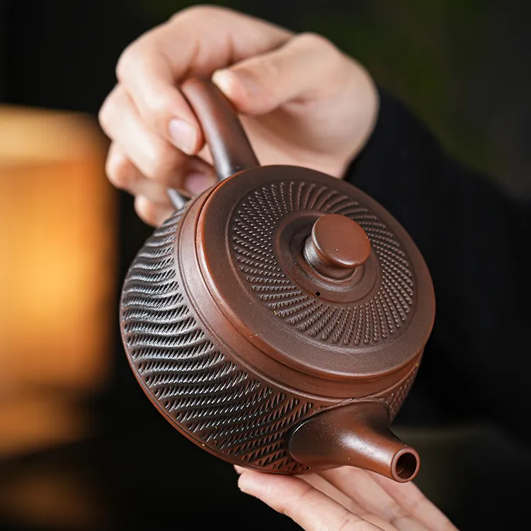 紫陶全手工跳刀纹汉瓦壶凤鸣壶大容量紫陶壶高档家用茶具礼盒