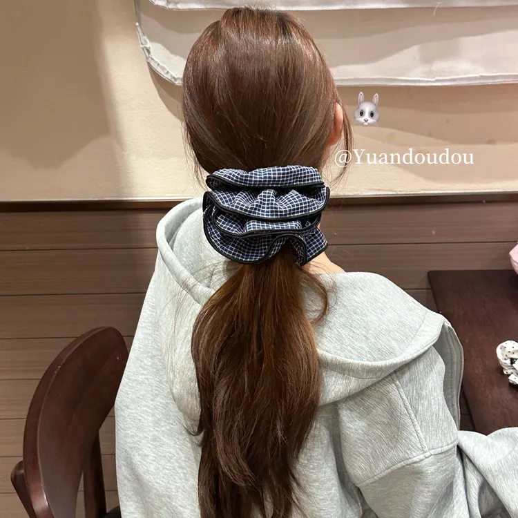 许妍同款韩系格纹藏青格子双层高级大肠发圈发绳头发丸子马尾头绳