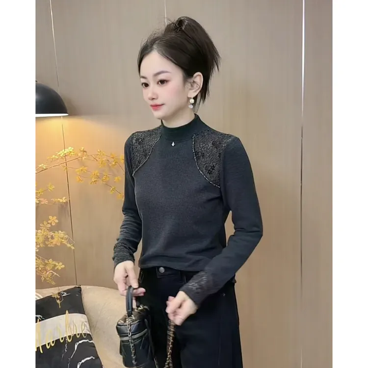 【8857】新品慕斯双面绒钉珠拼接植绒钩花显瘦上衣