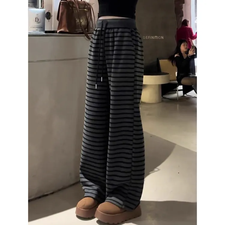 条纹加绒款松紧腰阔腿裤