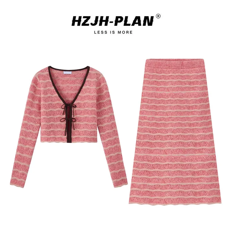 【现货秒发】撞色绑带针织套装早秋小众条纹V领毛衣上衣半身裙套装