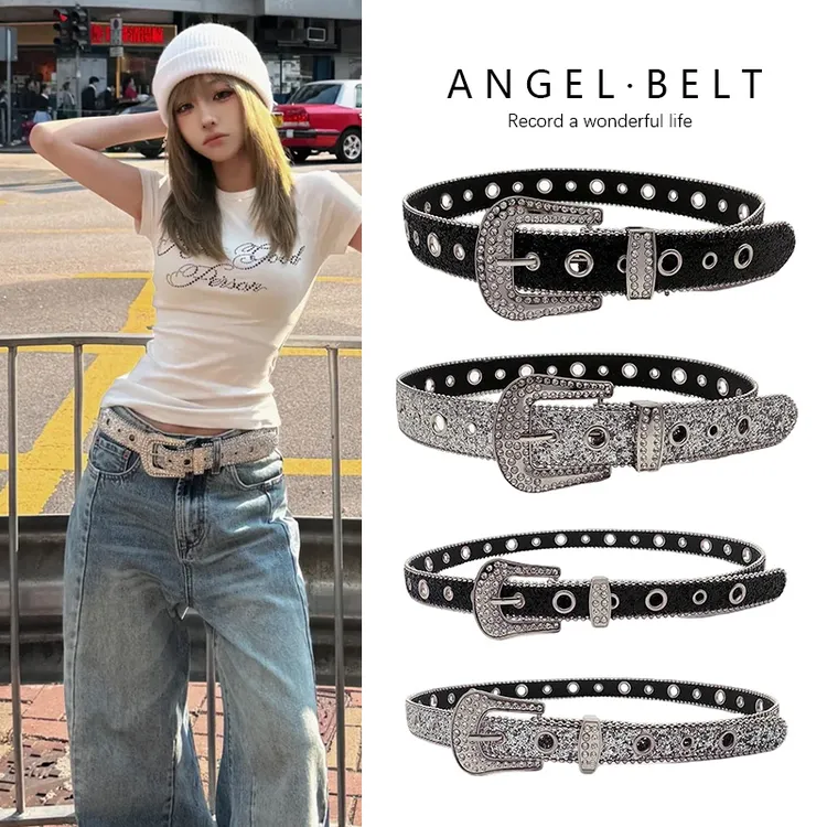腰带y2k女装时尚闪亮皮带欧美潮流水钻扣千禧辣妹宽腰带牛仔裤带