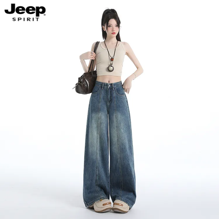 Jeep吉普美式复古阔腿牛仔裤女宽松梨形身材高腰直筒宽松拖地裤