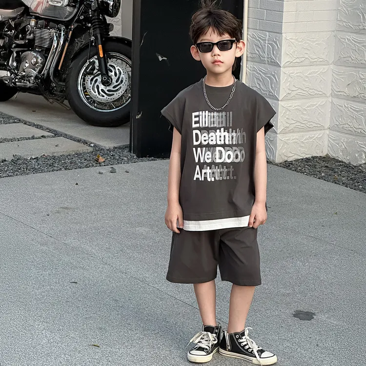 夏季新款男童韩版童装薄款休闲针织背心假两件套装儿童通用