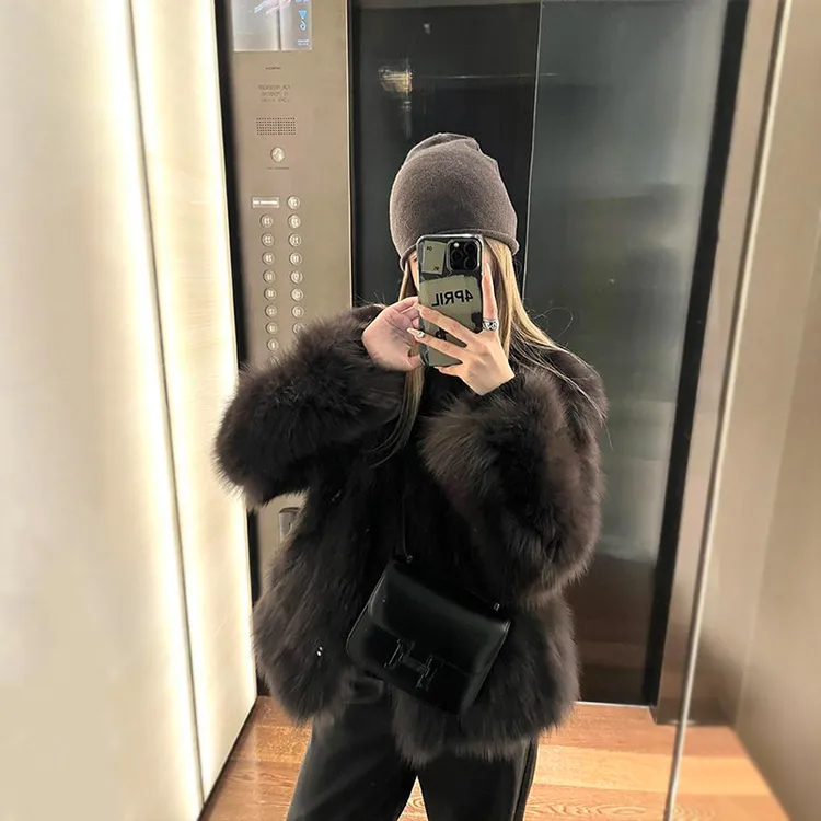 2024 海宁女装冬季V领加厚环保毛毛外套秋冬短款上衣