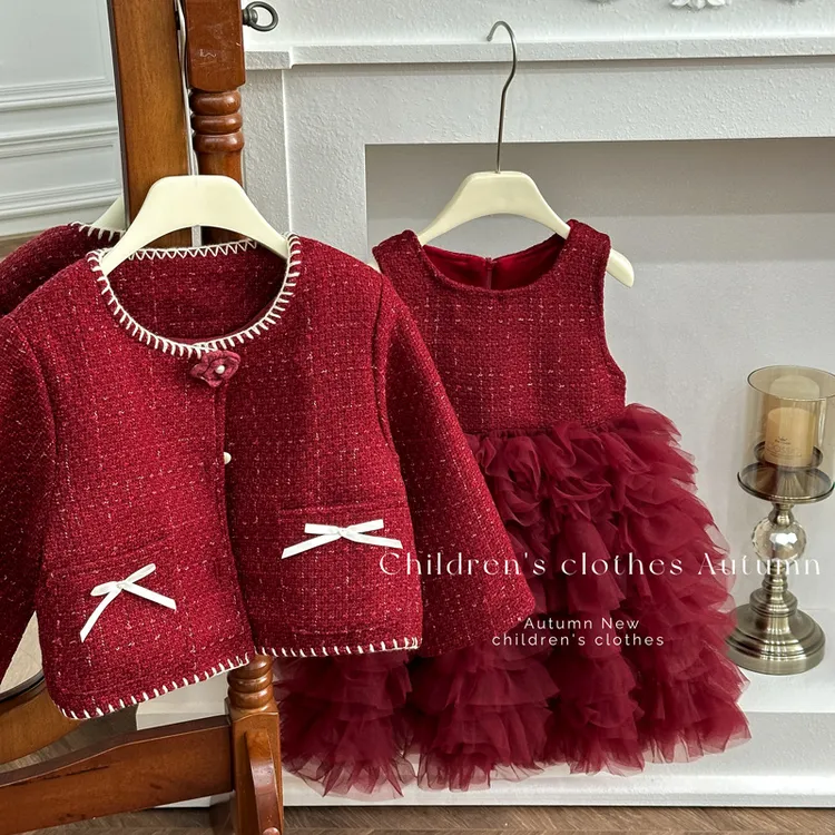 女童秋冬新款红色时髦公主裙加绒套装女宝宝周岁礼服裙子两件套