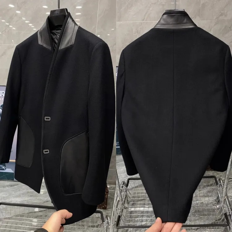 秋季新款男士时尚休闲商务高端羊毛混纺拼绵羊皮中长款大衣 818