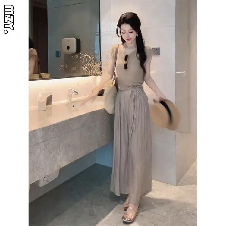 夏装搭配一整套女短袖针织衫垂感阔腿裤裙两件套盐系时尚休闲套装