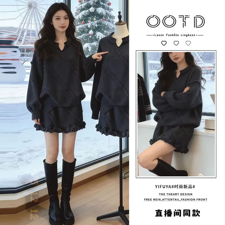 秋冬装穿搭一整套2025超火小香风巨好看独特漂亮针织毛衣裙子套装