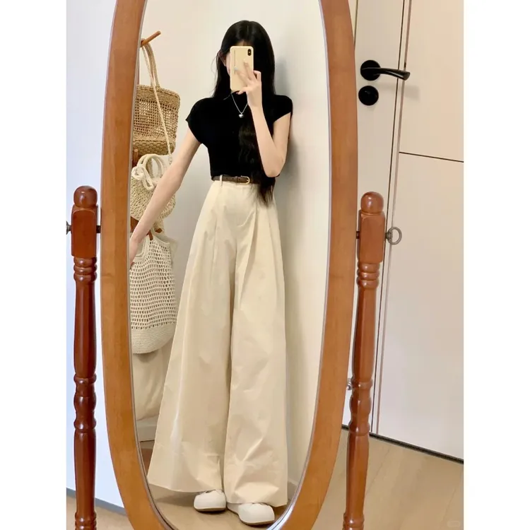 杏色高腰显瘦宽松阔腿喇叭休闲裤女2025春季新款百搭直筒拖地裤子