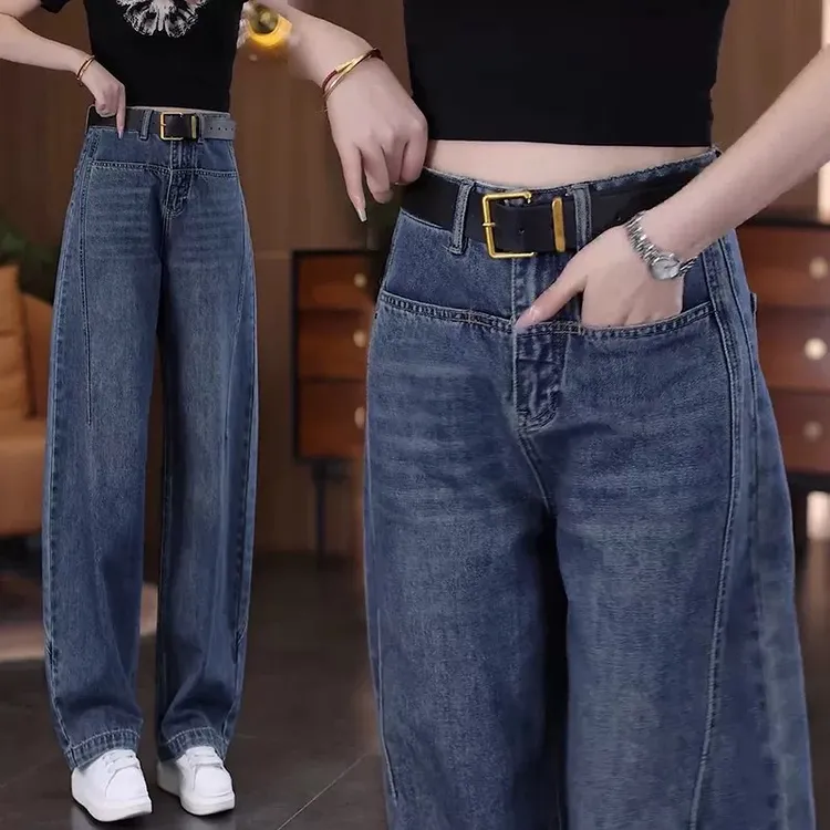 复古蓝窄版显瘦牛仔镰刀裤女2025秋季新款高腰百搭直筒弯刀阔腿裤