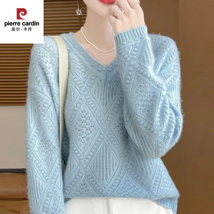 皮尔卡丹鄂尔多斯市毛衣女春秋菱形新款V领内搭上衣宽松羊毛衫针