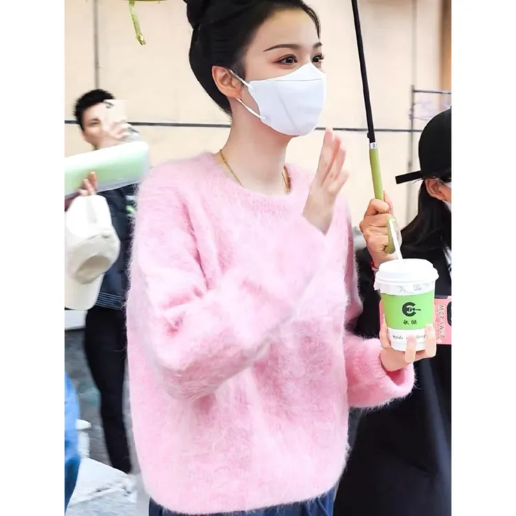 法芬图王楚然同款穿搭毛绒套头毛衣女秋软糯宽松甜美外搭针织上衣