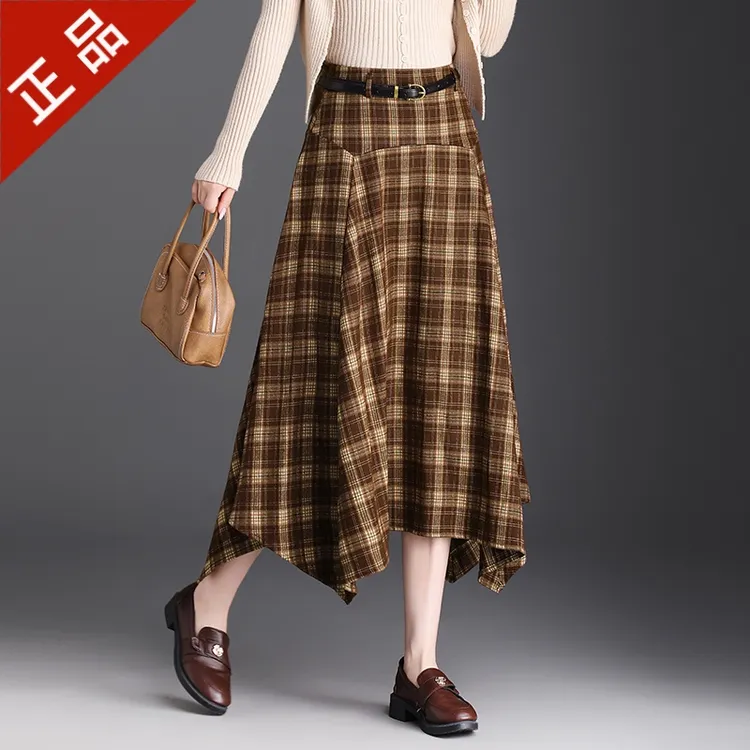 正品哥弟新款格子半身裙秋季2025女时尚高腰中长款裙不规则百褶裙