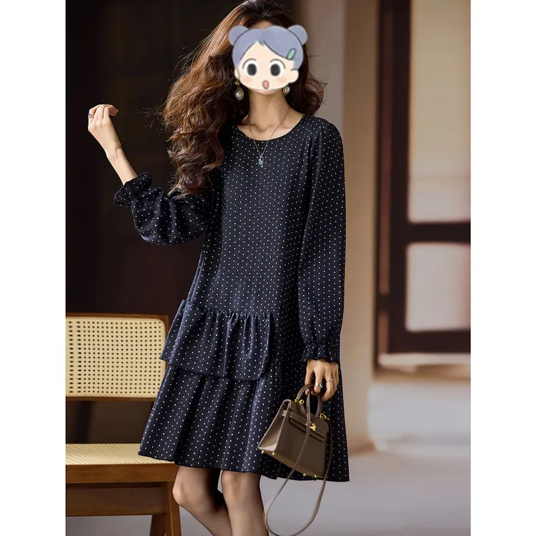 时尚波点长袖荷叶边连衣裙女秋冬新款裙子2025年大码欧货女装小众